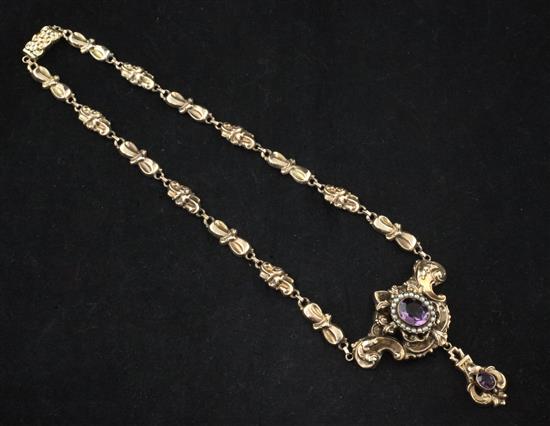 A 9ct gold, amethyst and seed pearl drop pendant necklace, 18in.